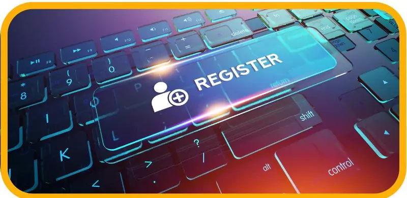 A glowing "Register" button on a digital keyboard.