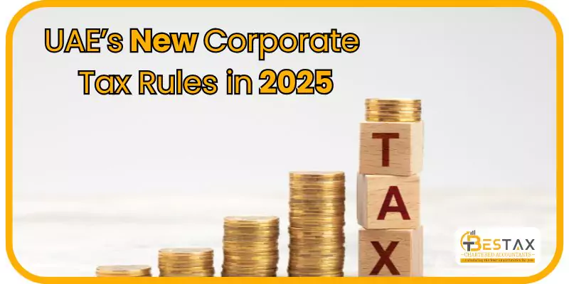 Image showing stacked coins and wooden blocks spelling "TAX," highlighting UAE’s New Corporate Tax Rules in 2025.